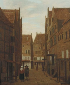 {Street Scene with Couple in Conversation}, panel, 38.2 × 31.9 cm