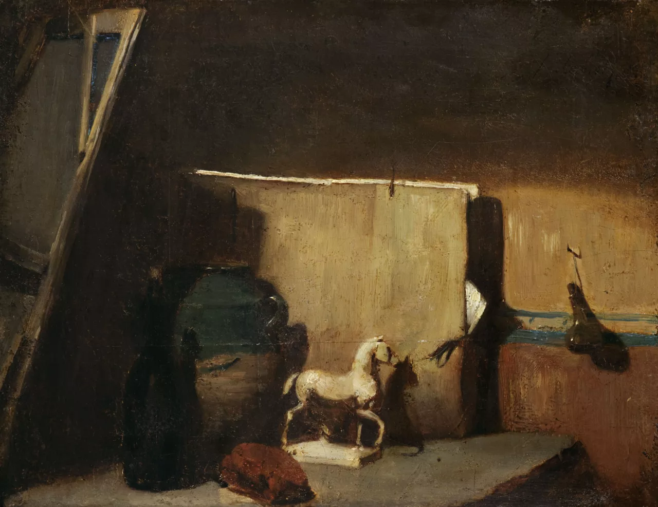 1. François Bonvin, {Nature morte au carton à dessins, cheval de plâtre et pot}, 1873