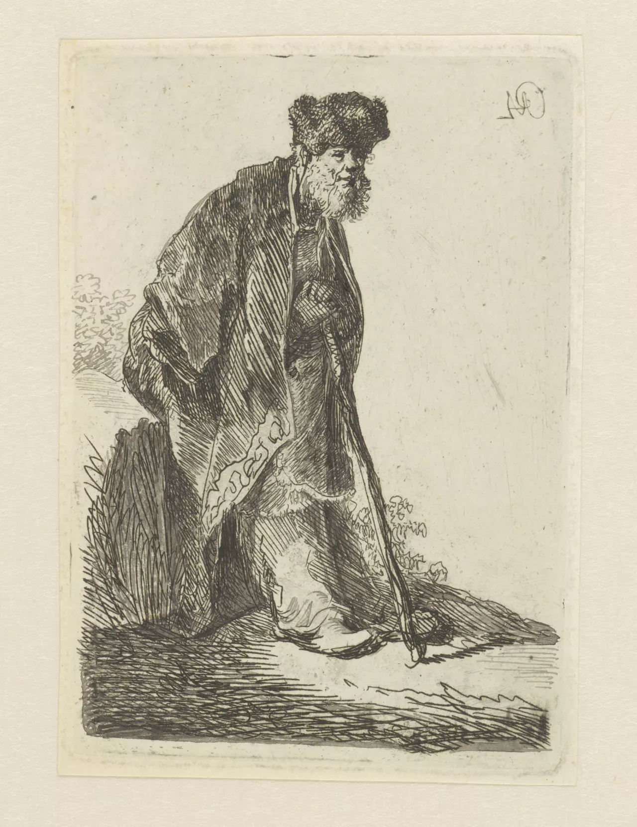 Rembrandt van Rijn (1606-1669) et une seconde main, {Homme au manteau avec bonnet de fourrure s'appuyant contre un banc}