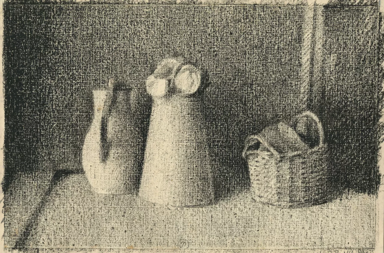 Gérard de Palézieux, {Nature morte, pot, vase et corbeille} 