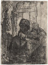 7a. Rembrandt Harmensz van Rijn (Leyde 1606 – 1669 Amsterdam), {Vieille femme assise dans une chaumière, avec un chapelet d'oignons sur le mur}, vers 1629