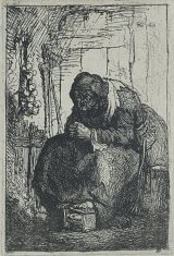 7b. Rembrandt Harmensz van Rijn (Leyde 1606 – 1669 Amsterdam), {Vieille femme assise dans une chaumière, avec un chapelet d'oignons sur le mur}, vers 1629