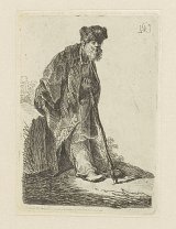 Rembrandt van Rijn (1606-1669) and a later hand, {Man in a Coat and Fur Cap Leaning Against a Bank}