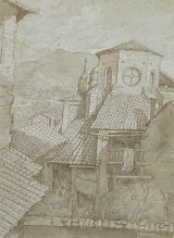 4. François Stella II, attribué à (Lyon 1603 – 1647 Paris), {Vue de toits, avec le chevet d'une église}
