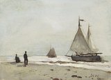 Jan Hendrik Weissenbruch (La Haye 1824 – 1903 La Haye), {Scène de plage avec deux personnages et des bateaux de pêche}