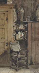 4. Johannes Bosboom (La Haye 1817 – 1891 La Haye), {Vue de l'atelier de l'artiste avec une chaise et des livres anciens}
