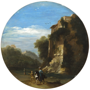6. Bartholomeus Breenbergh (Deventer 1598 – 1657 Amsterdam), {Paysage italianisant avec des ruines et un page indiquant le chemin à cavalier}
