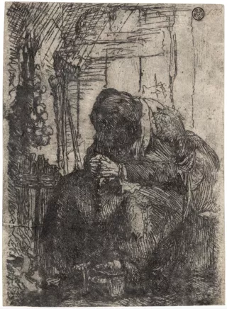 7a. Rembrandt Harmensz van Rijn (Leyde 1606 – 1669 Amsterdam), {Vieille femme assise dans une chaumière, avec un chapelet d'oignons sur le mur}, vers 1629