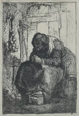7b. Rembrandt Harmensz van Rijn (Leyde 1606 – 1669 Amsterdam), {Vieille femme assise dans une chaumière, avec un chapelet d'oignons sur le mur}, vers 1629