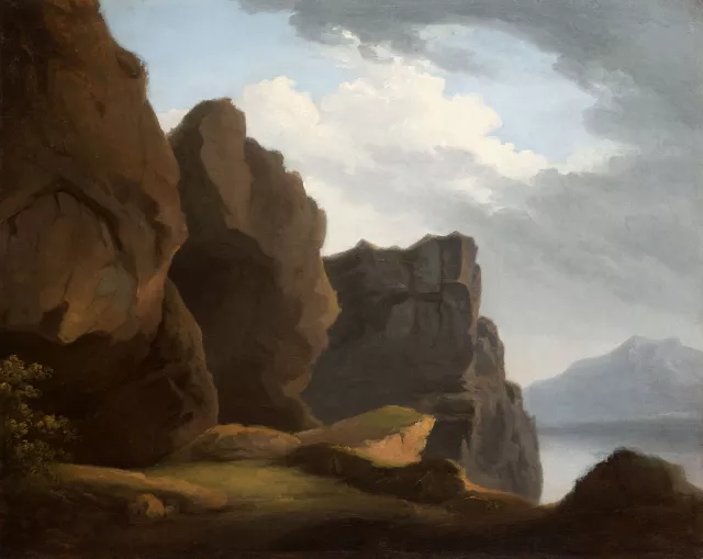 4. Thomas Jones (Trefonnen 1730 ou 1742 – 1803 Pencerrig), {Rochers sur la côte de Sorrente}, vers 1778