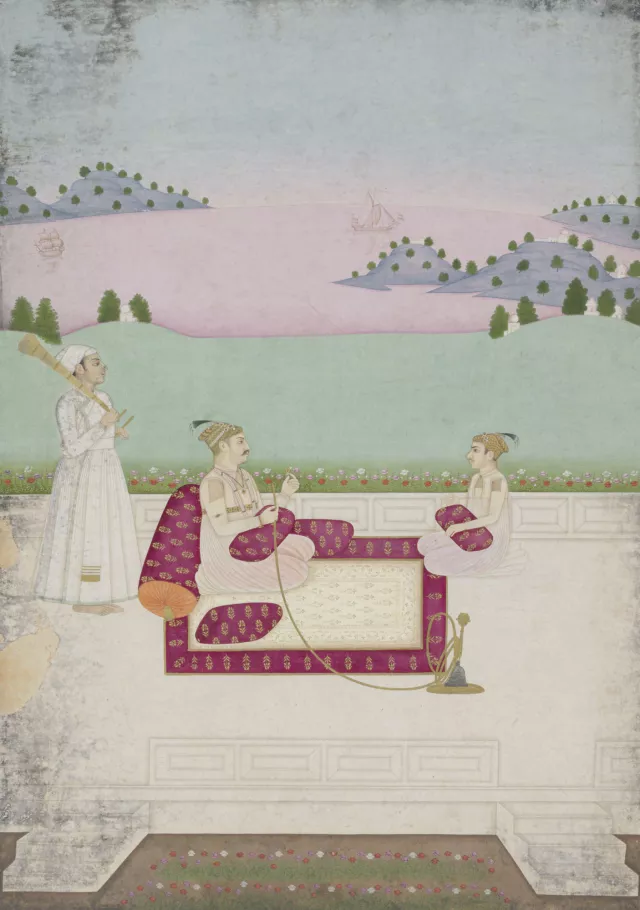2. {Nawab Siraj-ud-Daula (1736-1757) du Bengale, assis sur une terrasse avec son frère Mirza Mahdi (mort en 1757)}, École de Murshidabad, vers 1756