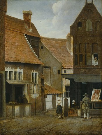 Jacobus Vrel, {Scène de rue avec une boulangerie près d'un rempart}