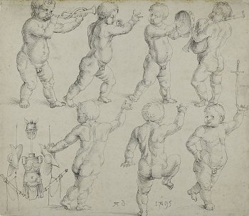 Albrecht Dürer (Nuremberg 1471 – 1528 Nuremberg), {Putti danseurs et musiciens, avec un trophée antique}, 1495